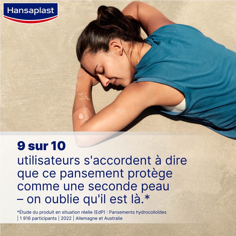 Femme allongée au sol. Texte : 9 utilisateurs sur 10 sont satisfaits du pansement.