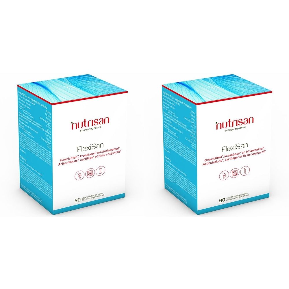 Deux boîtes blanches avec texte rouge et bleu. Inscription: nutrisan FlexiSan, 90 capsules.