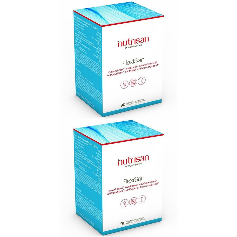 Deux boîtes blanches avec texte rouge et bleu. Inscription: nutrisan FlexiSan, 90 capsules.