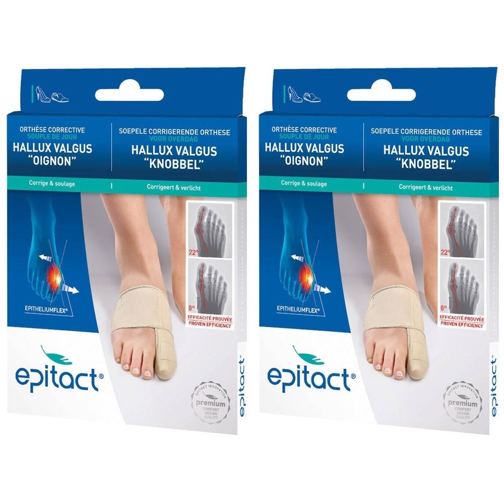 Deux boîtes Epitact Orthèse Hallux Valgus. Bandage beige avec protection d'orteil. Nom du produit et illustration de pied.
