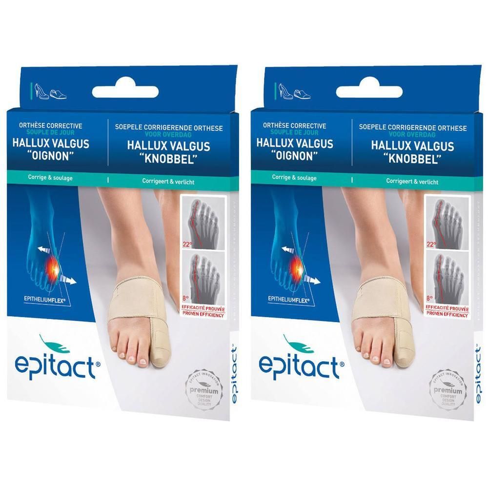 Deux boîtes Epitact Orthèse Hallux Valgus. Bandage beige avec protection d'orteil. Nom du produit et illustration de pied.