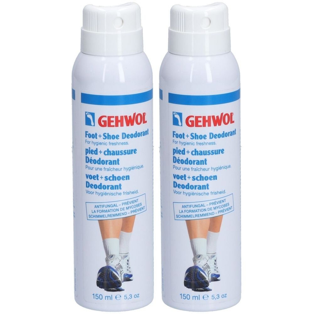 Deux flacons spray blancs avec texte bleu et rouge. Texte: Gehwol Foot + Shoe Deodorant. Illustration de pieds dans des chaussures.