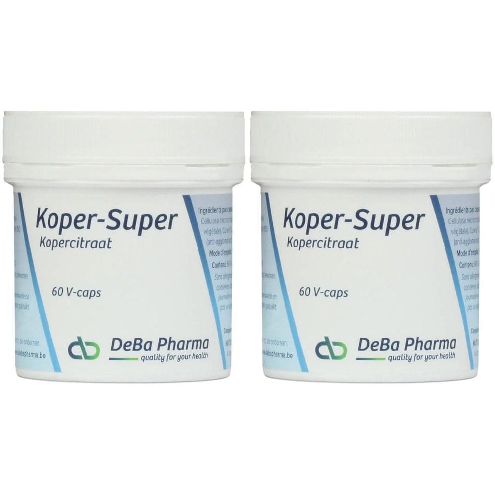 Deux pots blancs avec "Koper-Super". En dessous, "60 V-caps" et le logo DeBa Pharma. Ingrédients visibles.