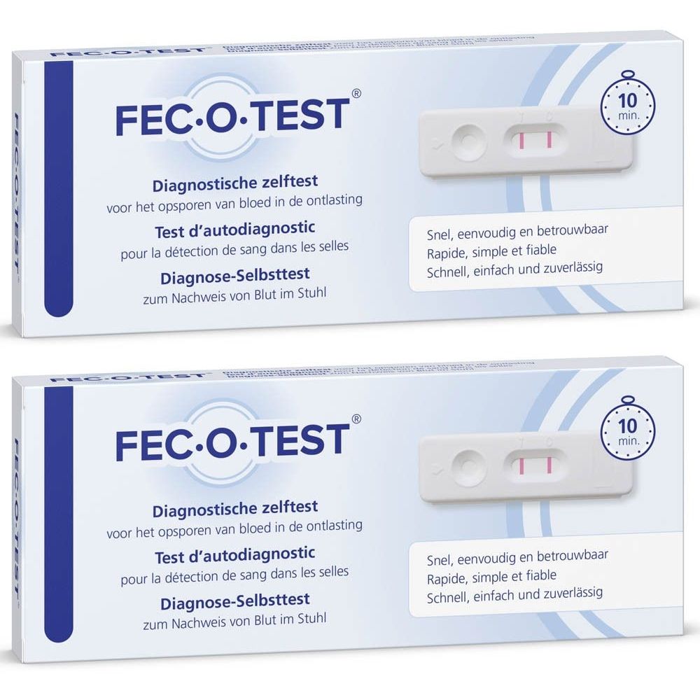 Deux boîtes Fec-O-Test. Boîtes blanches avec nom du produit et illustration de bandelettes. Texte en allemand, français, néerlandais.