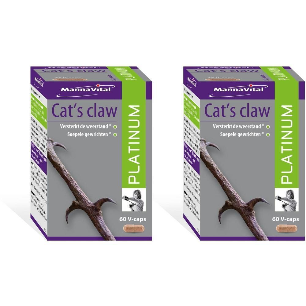 Deux boîtes Mannavital Cat's claw Platinum. Inscription: Cat's claw, 60 V-caps. Illustration d'une branche.