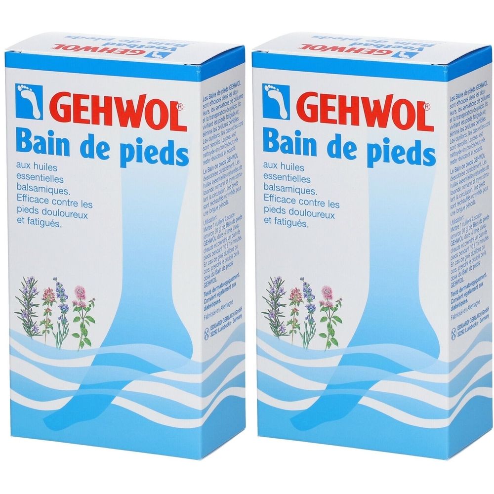 Deux boîtes de "GEHWOL Bain de pieds". Emballage bleu et blanc avec illustration de pied et texte.
