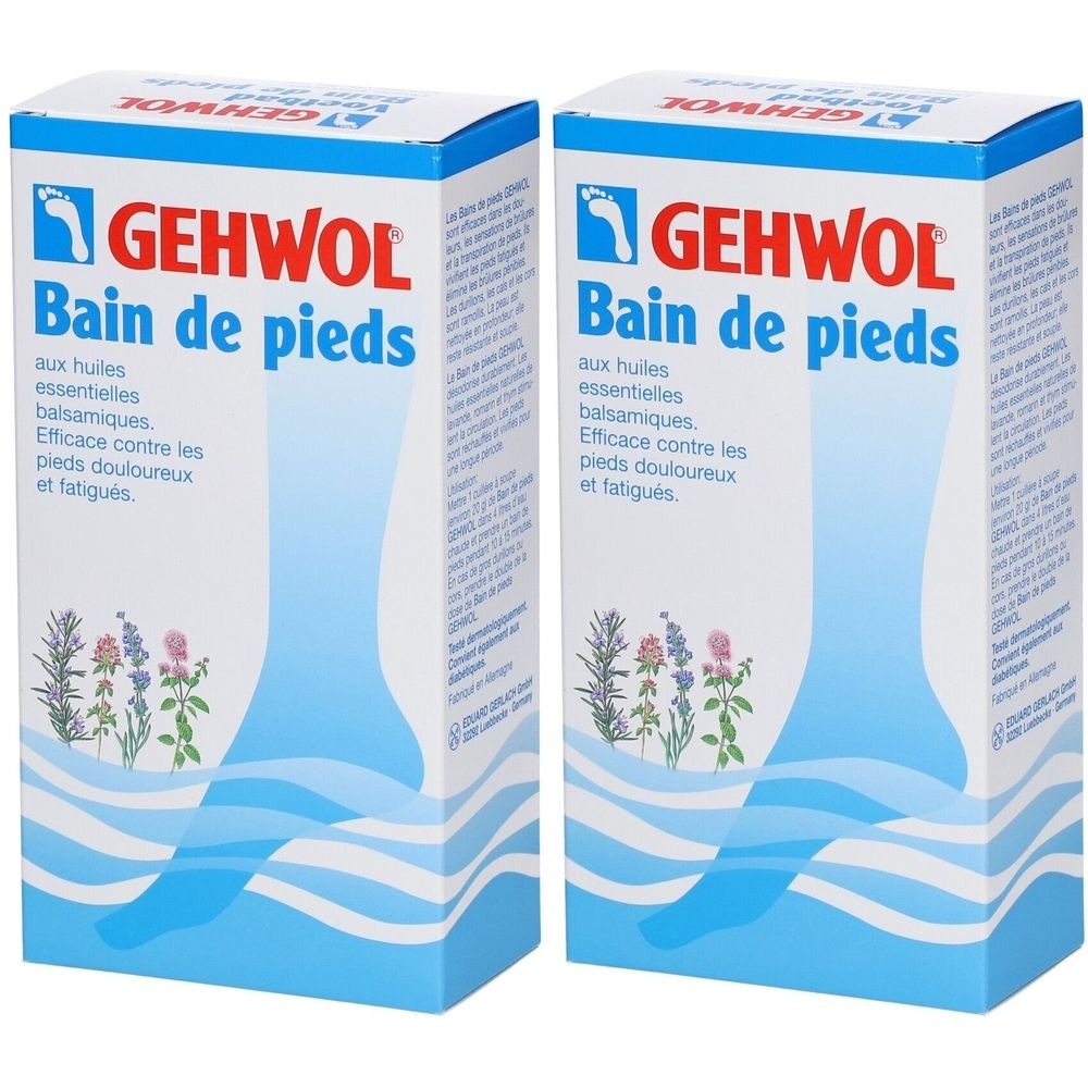 Deux boîtes de "GEHWOL Bain de pieds". Emballage bleu et blanc avec illustration de pied et texte.