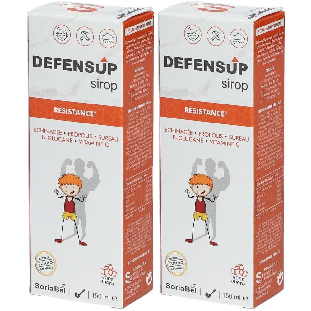 Deux boîtes de sirop DefensUp. Inscription: Echinacée, Propolis, Sureau, Bêta-glucane, Vitamine C. Illustration enfant.