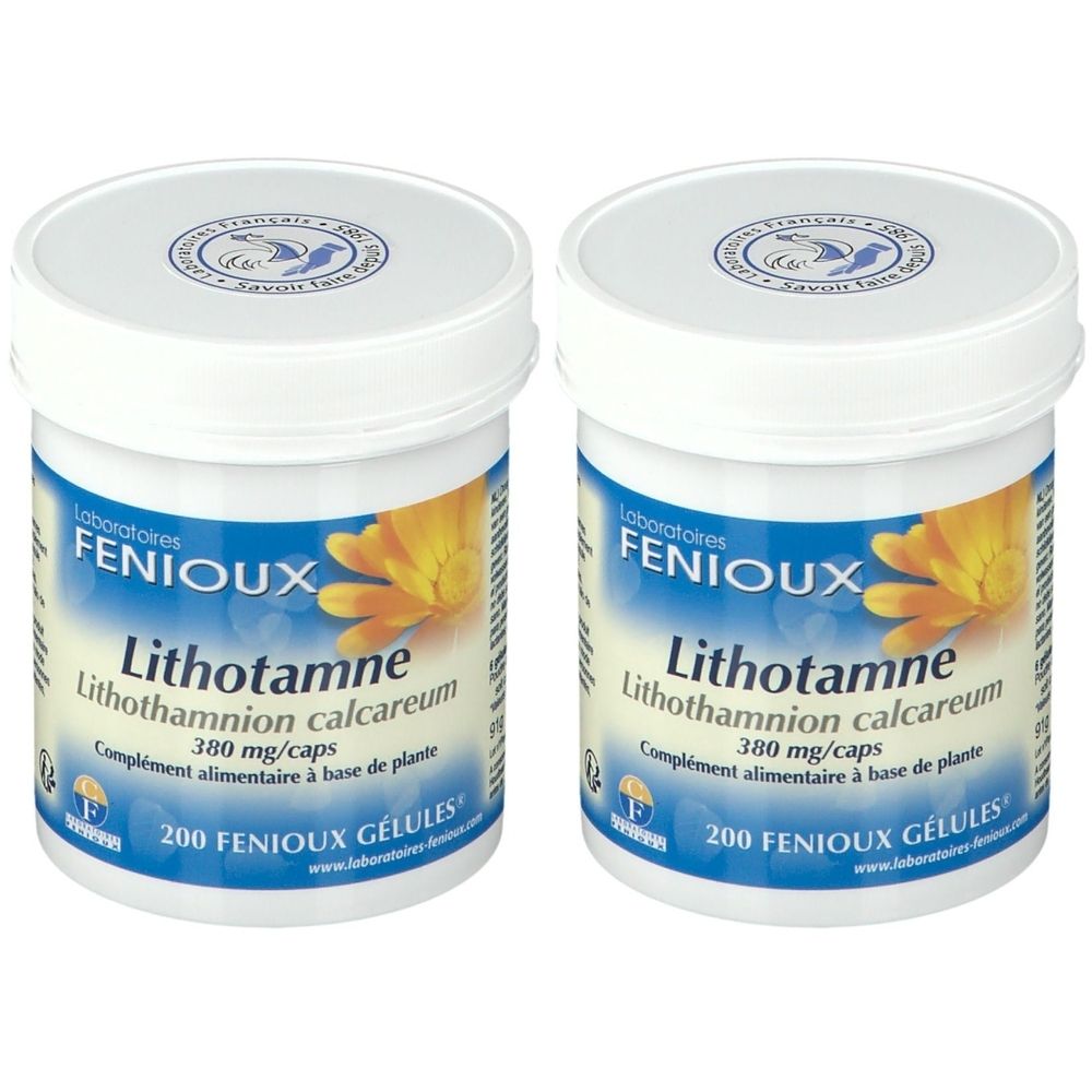 Deux pots blancs avec étiquettes jaune et bleu. Inscription: Laboratoires FENIOUX, Lithotamne, 380 mg/caps, 200 Gélules.