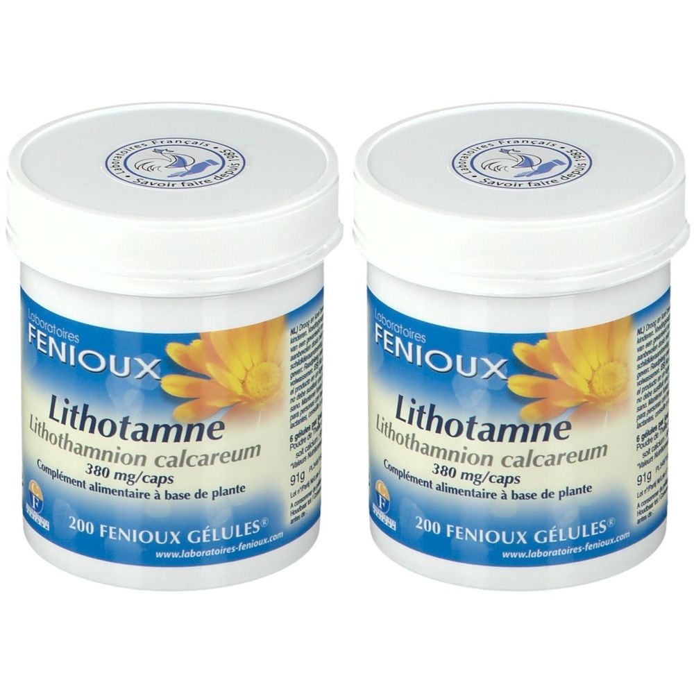 Deux pots blancs avec étiquettes jaune et bleu. Inscription: Laboratoires FENIOUX, Lithotamne, 380 mg/caps, 200 Gélules.
