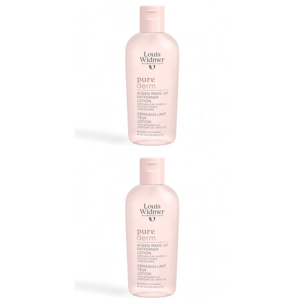 Deux flacons de lotion démaquillante pour les yeux Louis Widmer Purederm. Flacons roses avec bouchons roses. Texte: Purederm, démaquillant yeux.