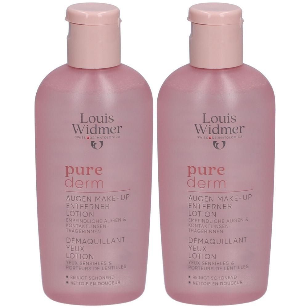 Deux flacons de lotion démaquillante pour les yeux Louis Widmer Purederm. Flacons roses avec bouchons roses. Texte: Purederm, démaquillant yeux.
