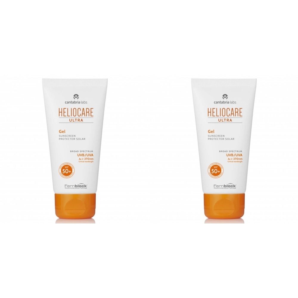 Deux tubes de gel HELIOCARE ULTRA-D SPF 50+. Tubes blancs avec base orange. Inscription: HELIOCARE ULTRA, SPF 50+.
