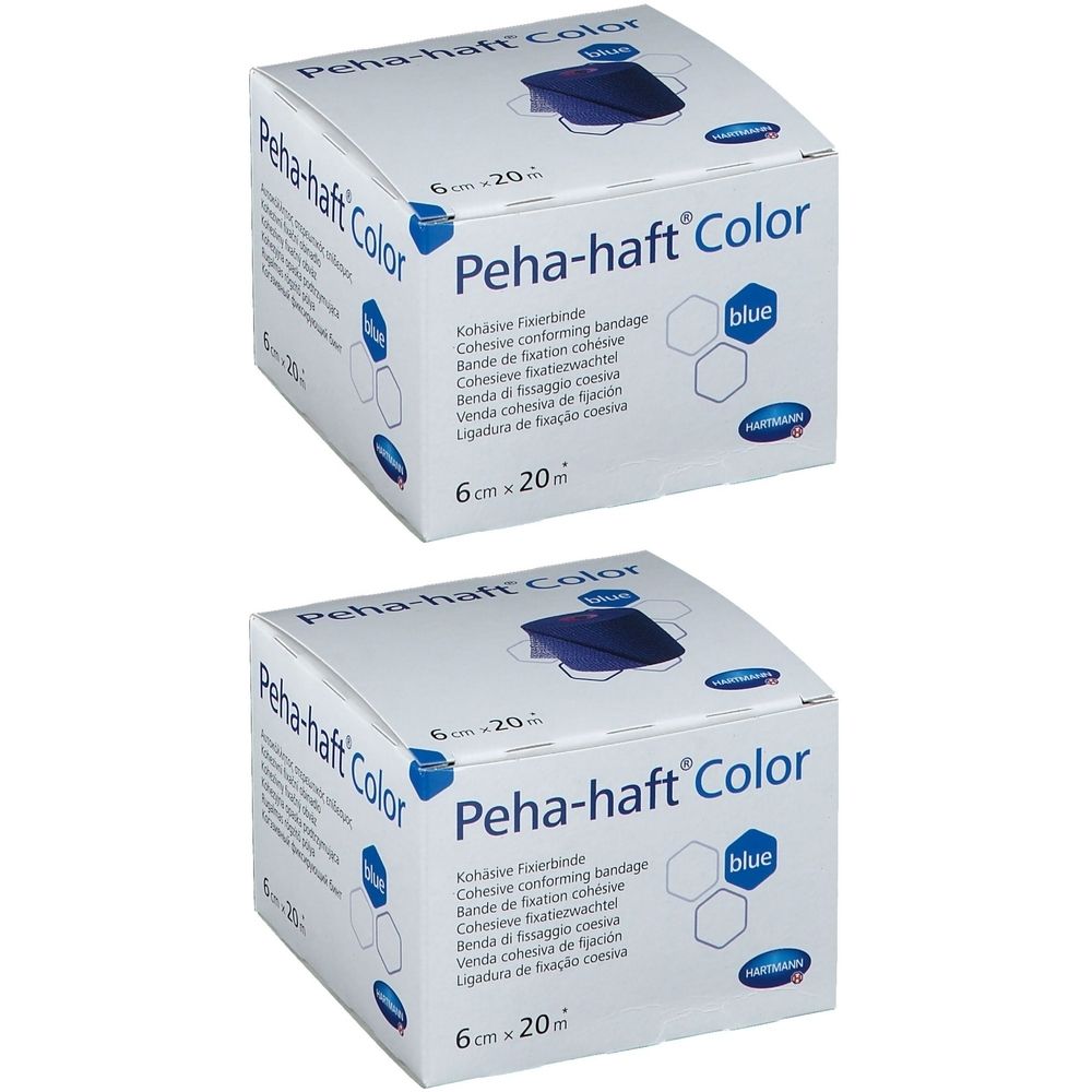 Deux boîtes de Peha-haft Color, 6 cm x 20 m, bleu. Inscription: Bande de fixation cohésive. Logo Hartmann.