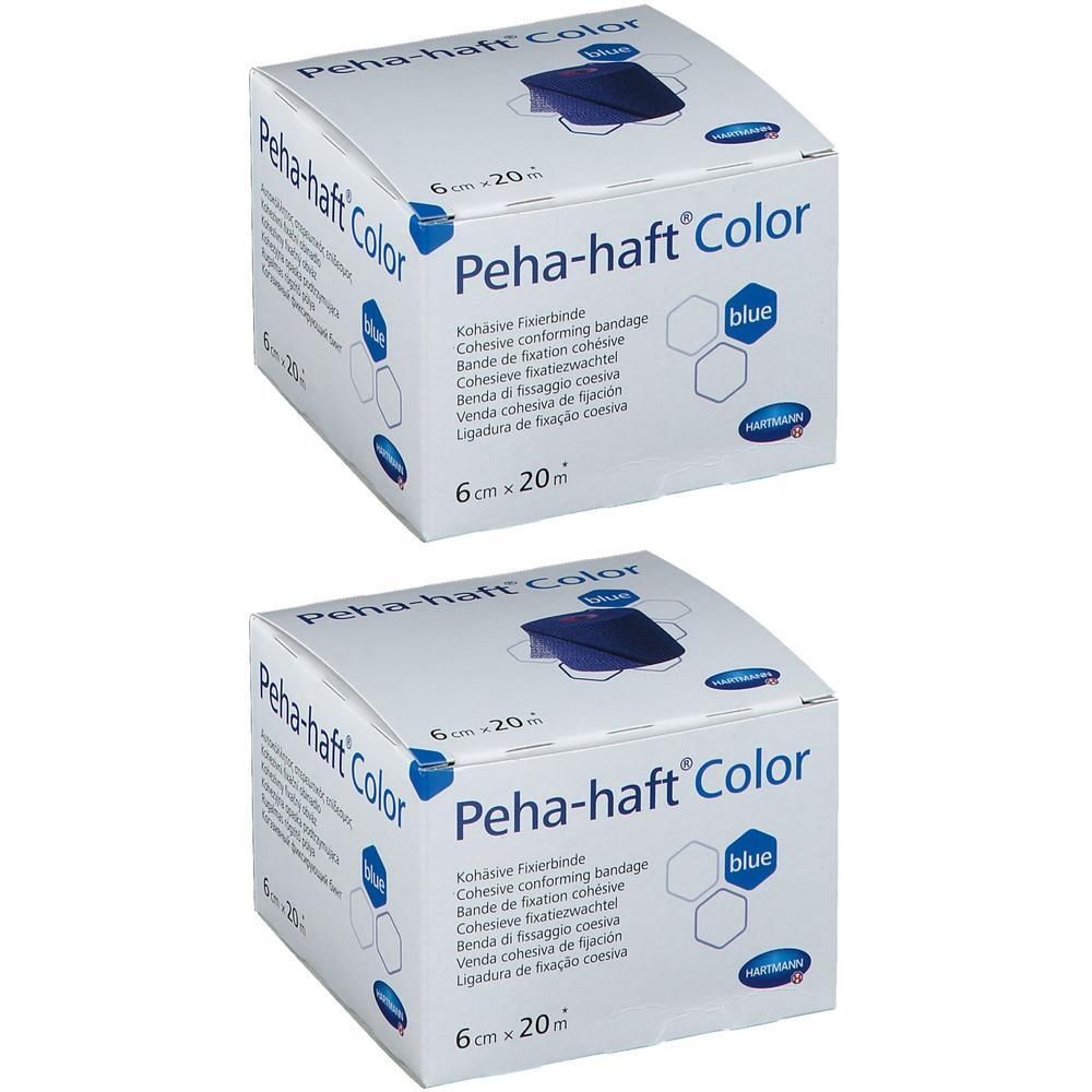 Deux boîtes de Peha-haft Color, 6 cm x 20 m, bleu. Inscription: Bande de fixation cohésive. Logo Hartmann.