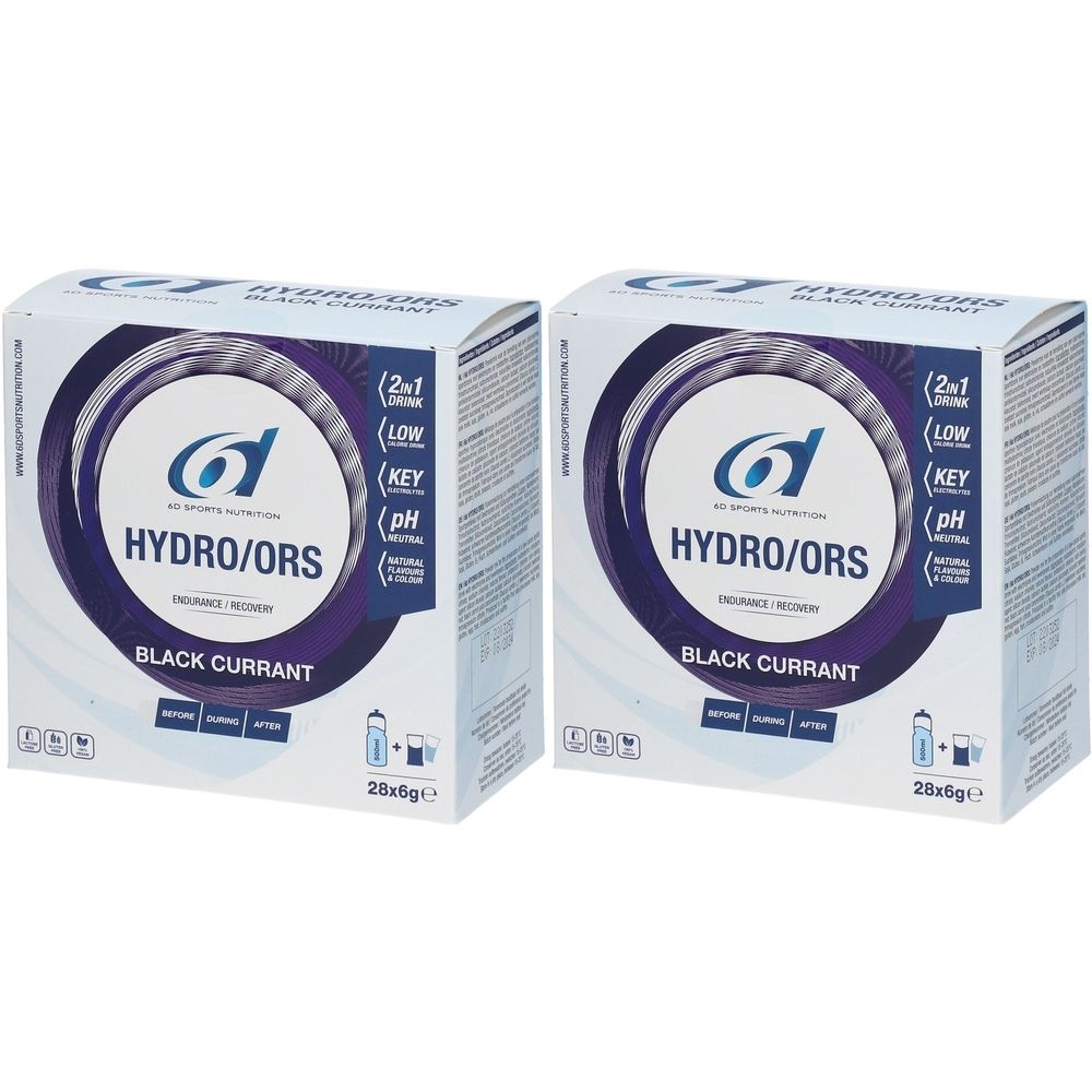 Deux boîtes de 6D SPORTS NUTRITION HYDRO/ORS Black Currant. Emballage blanc avec logo et informations produit. 28x6g.