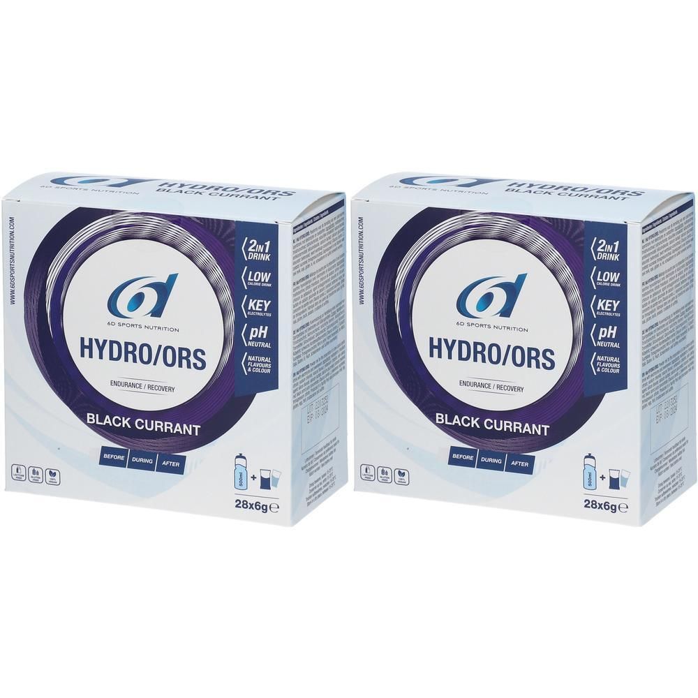 Deux boîtes de 6D SPORTS NUTRITION HYDRO/ORS Black Currant. Emballage blanc avec logo et informations produit. 28x6g.