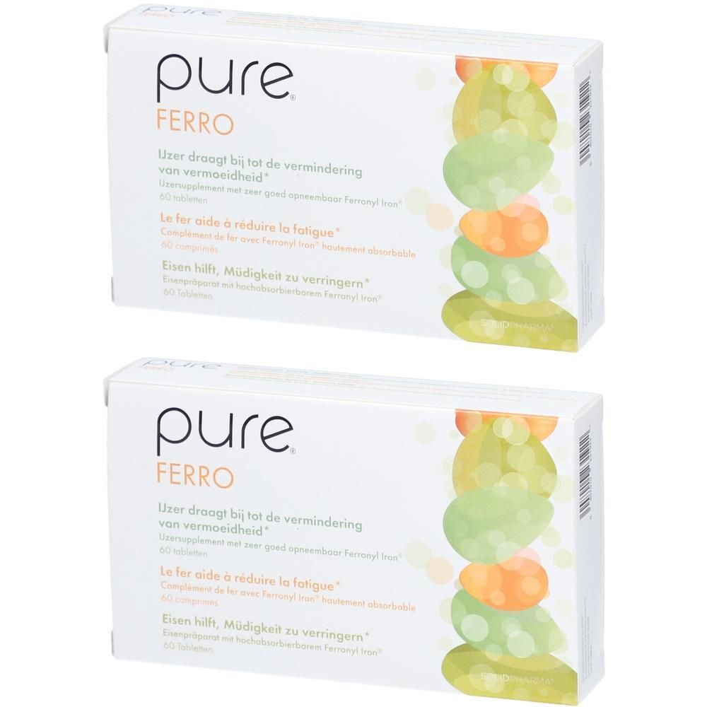 Deux boîtes de Pure Ferro. Emballage blanc avec nom du produit et illustrations colorées. 60 comprimés.