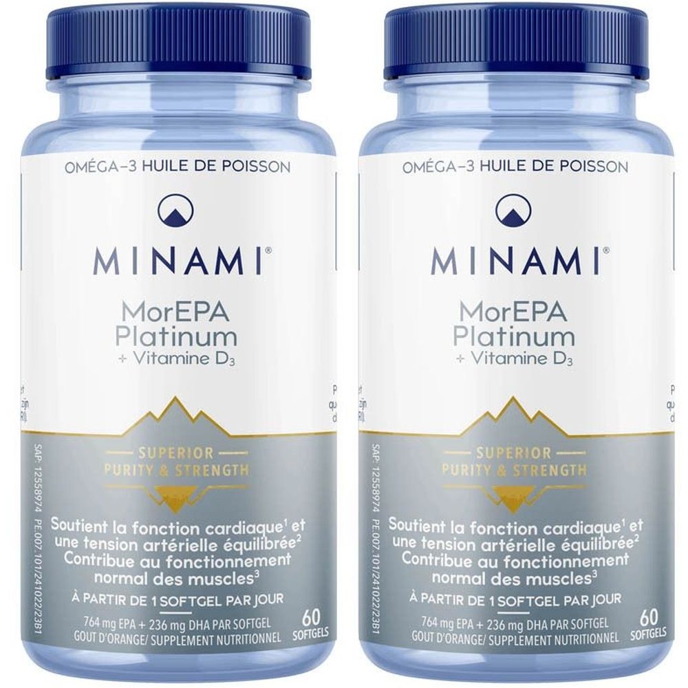 Deux flacons de Minami MorEPA Platinum + Vitamine D3. Bouchons bleus, contenants transparents avec gélules. Étiquetage en français.