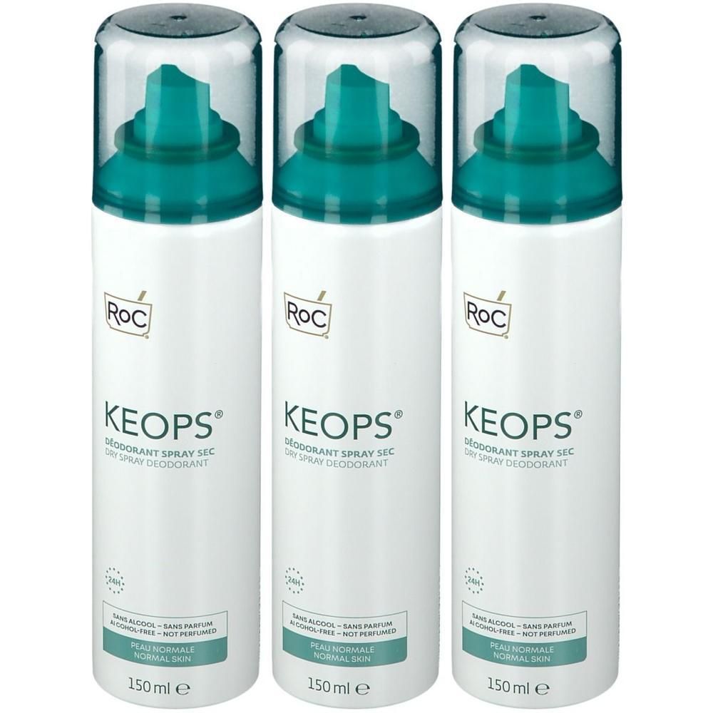 Trois sprays déodorants RoC Keops. Flacons blancs avec bouchon vert et texte. 150 ml.