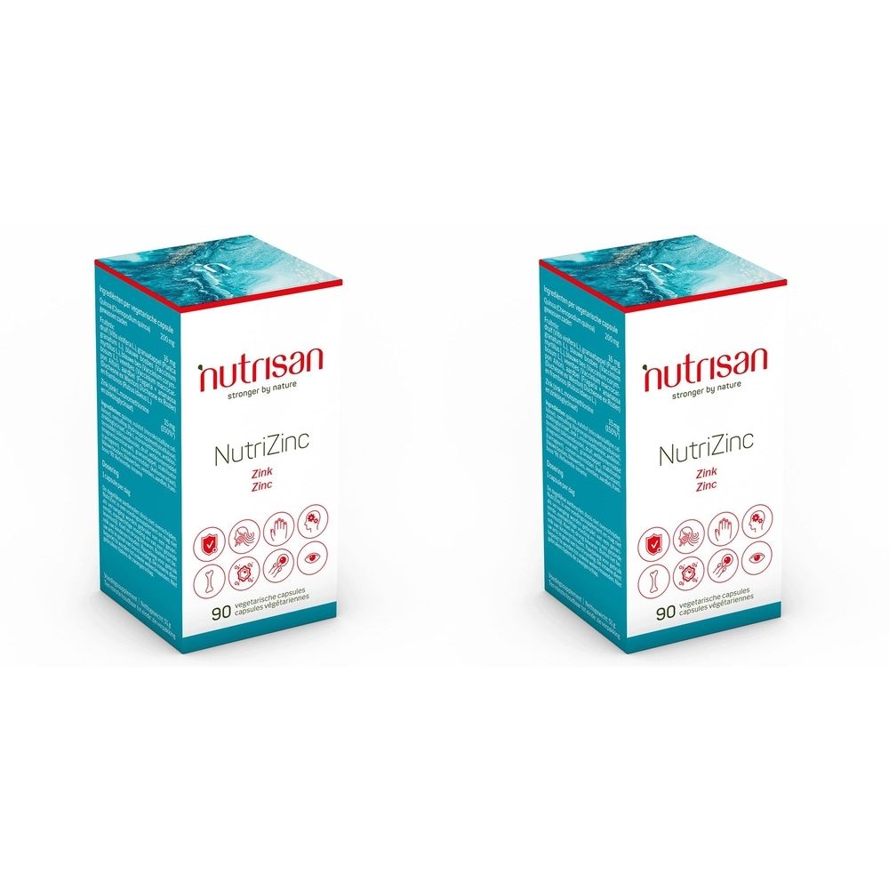 Deux boîtes de Nutrisan NutriZinc. Emballage turquoise et blanc avec logo rouge et nom du produit. Contient 90 gélules. Divers pictogrammes.