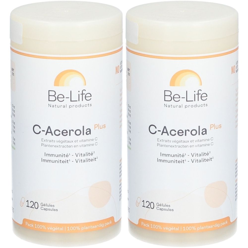 Deux contenants blancs avec couvercles. Inscription: Be-Life, C-Acerola Plus, 120 Gelules Capsules. Emballage 100% végétal.