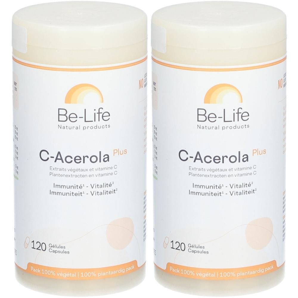Deux contenants blancs avec couvercles. Inscription: Be-Life, C-Acerola Plus, 120 Gelules Capsules. Emballage 100% végétal.