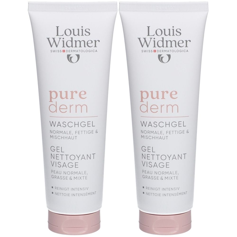 Deux tubes de gel nettoyant visage Louis Widmer Purederm. Blanc, bouchon rose. Texte: pure derm, Waschgel, Gel Nettoyant Visage.