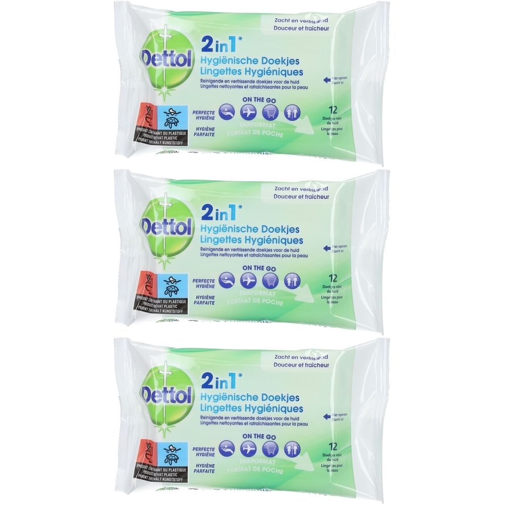 Trois paquets de lingettes. Chaque paquet porte l'inscription "Dettol 2in1 Hygiënische Doekjes Lingettes Hygiéniques".