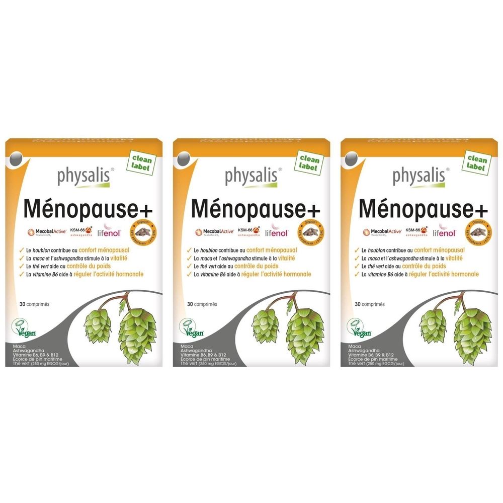 Trois boîtes de Physalis® Ménopause+. Chaque boîte affiche le nom du produit, les ingrédients et le logo. Label Vegan.