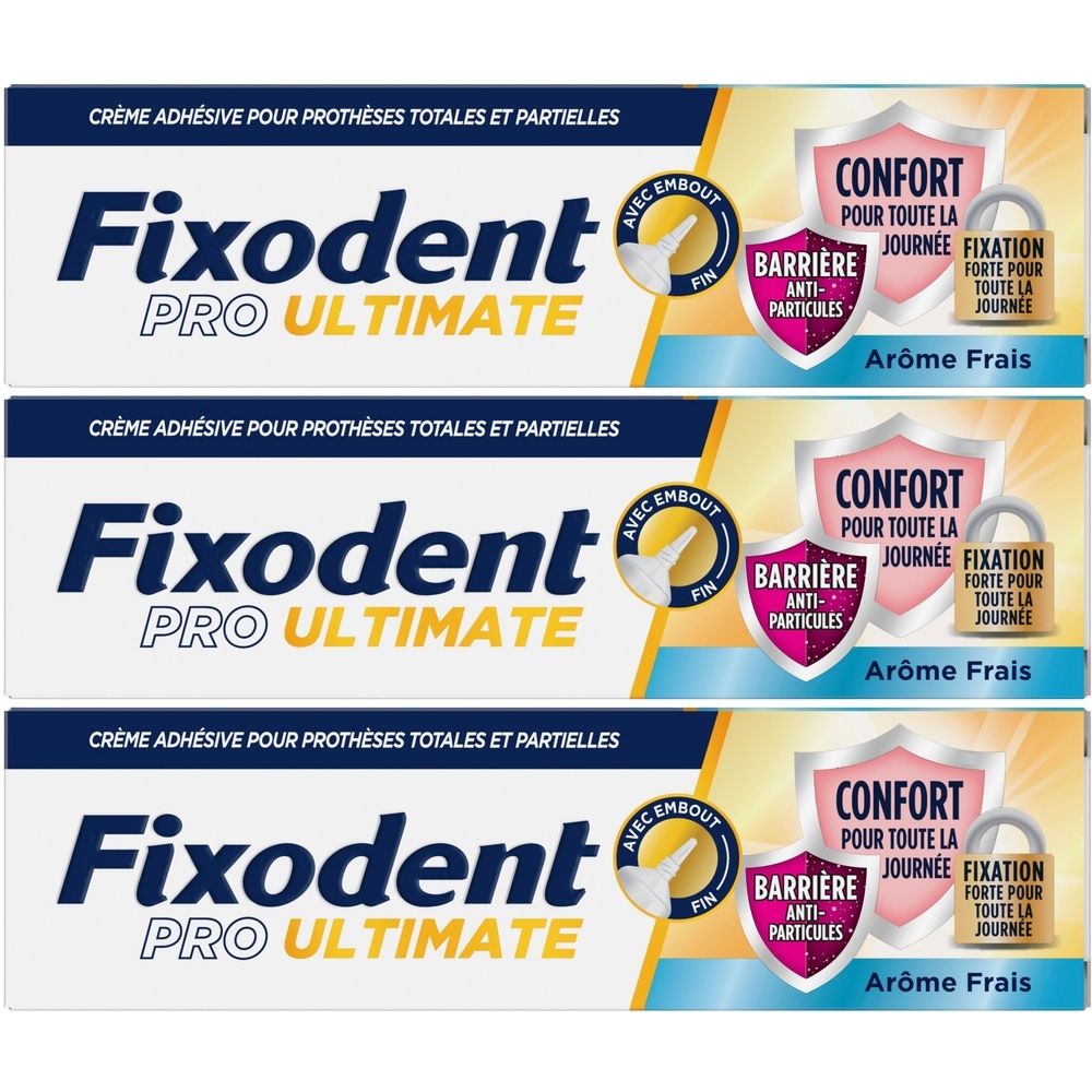 Trois tubes de Fixodent Pro Ultimate. Inscription : Crème adhésive pour prothèses totales et partielles. Avec symboles de bouclier.
