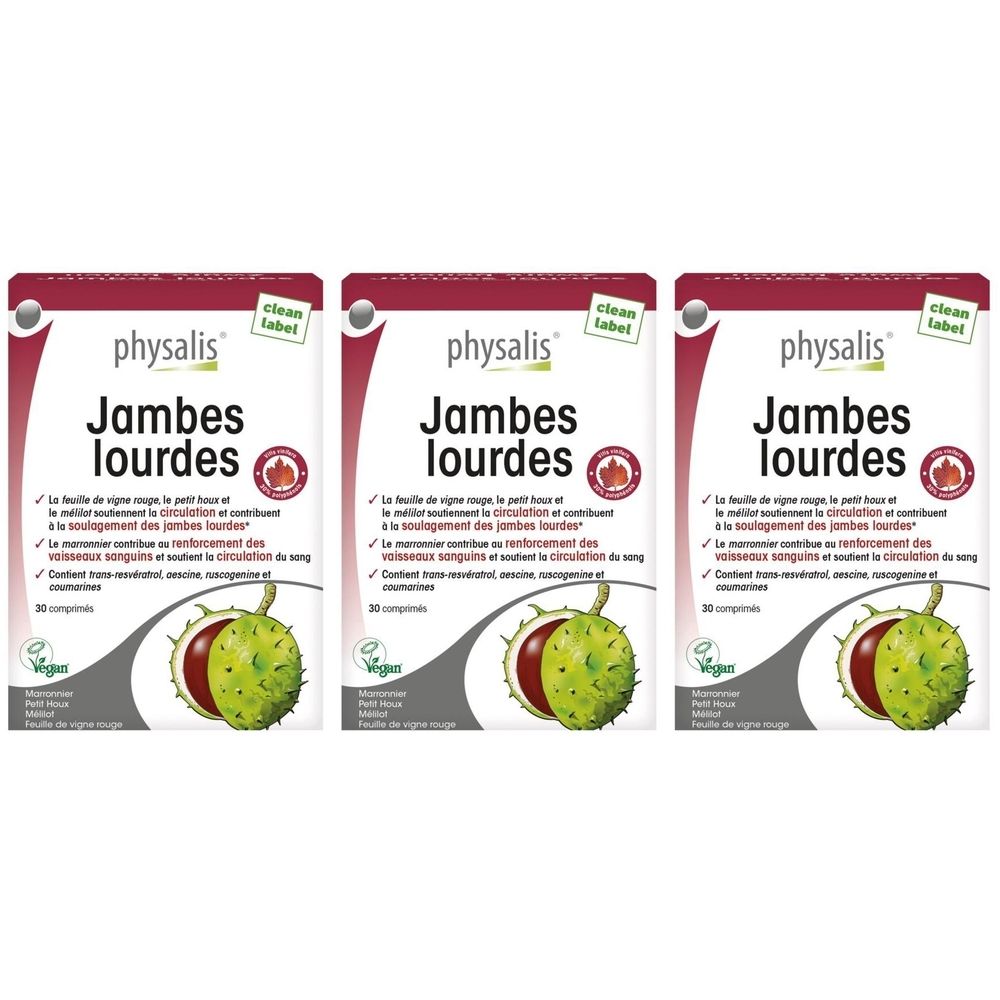 Trois boîtes Physalis Jambes Lourdes. Emballage rouge et blanc avec nom du produit et illustration de châtaigne. 30 comprimés.