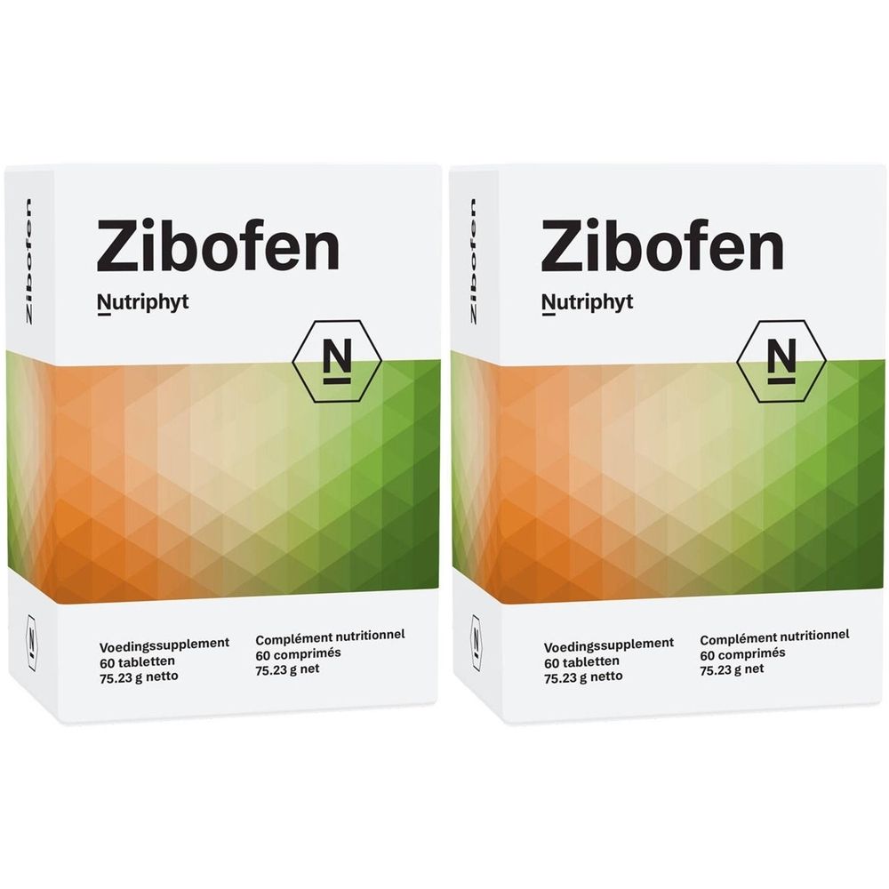 Deux boîtes Zibofen Nutriphyt. Complément nutritionnel, 60 comprimés. Fond orange et vert.
