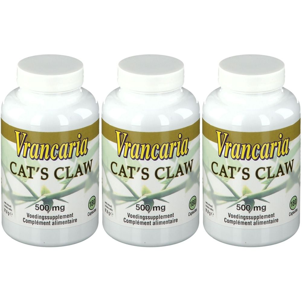 Trois flacons blancs avec l'inscription "Vrancaria CAT'S CLAW". Chaque flacon contient 500 mg et 180 gélules.