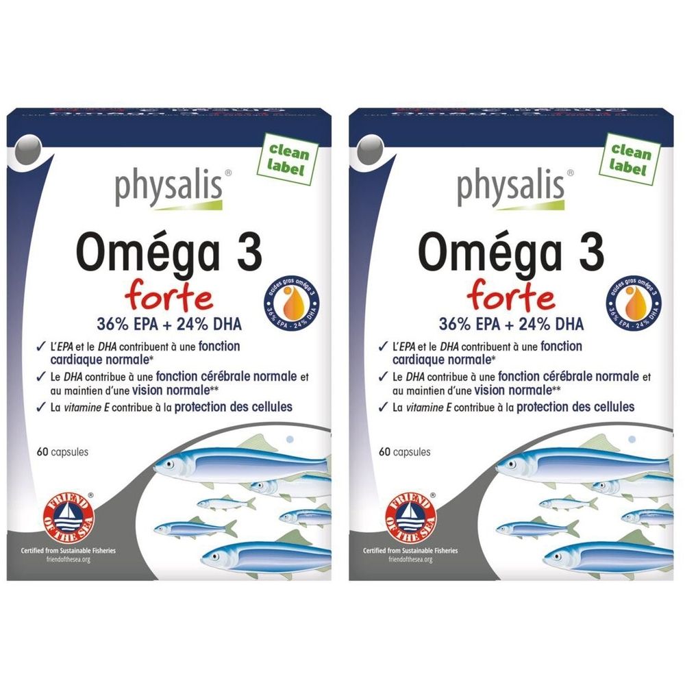 Deux boîtes de physalis® Oméga 3 forte. Inscription : Oméga 3 forte, 36% EPA + 24% DHA. Illustration de poissons et label MSC.