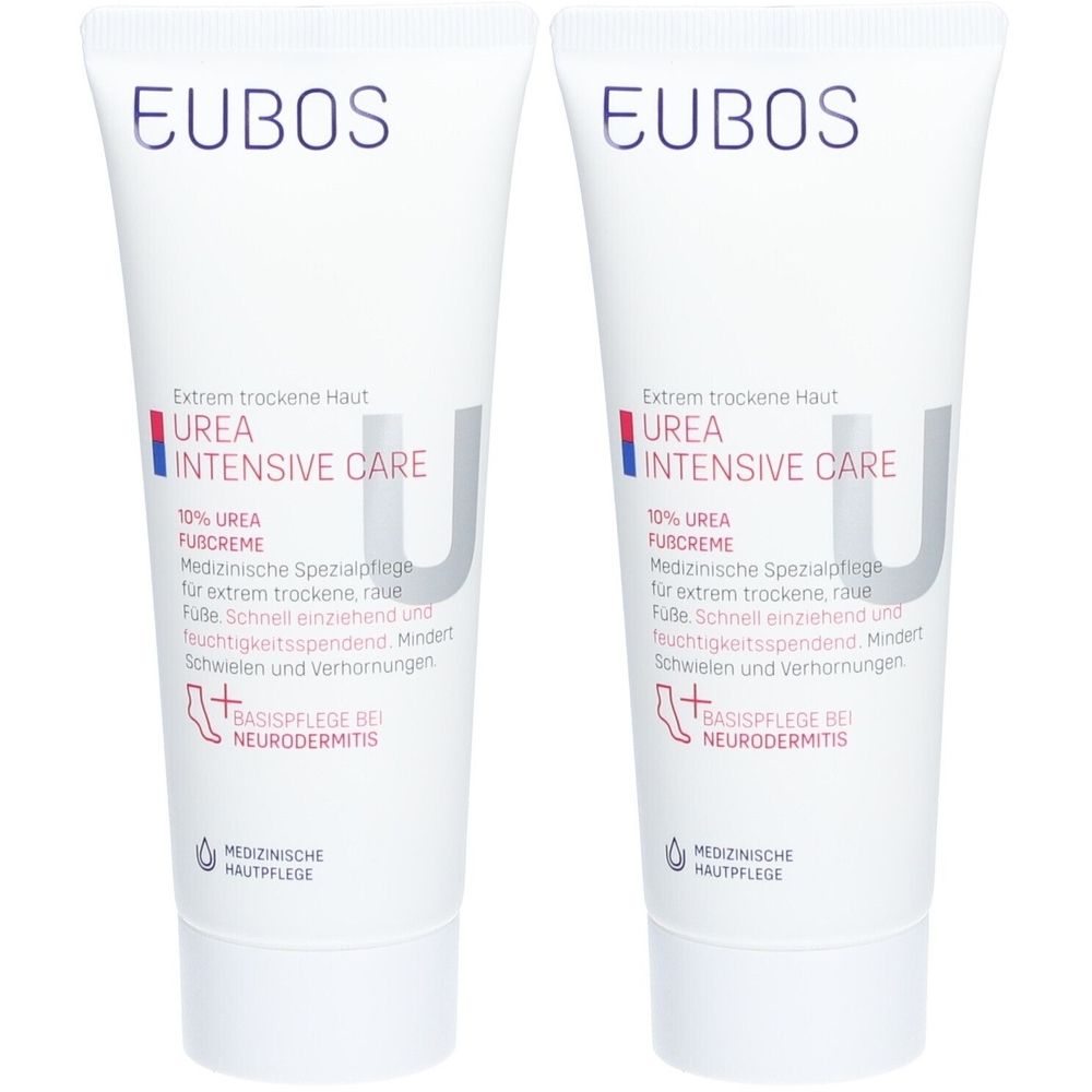 Deux tubes de EUBOS Urea Intensive Care. Tubes blancs avec texte bleu et rouge. Texte: 10% Urea Crème pour les pieds. Soin médical de la peau.