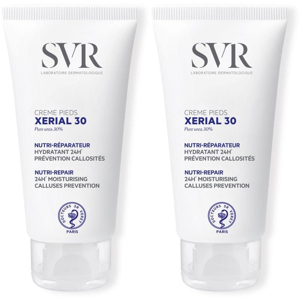 Deux tubes de crème pour les pieds SVR XÉRIAL 30. Tubes blancs avec texte bleu. Inscription: XÉRIAL 30, Crème Pieds, Nutri-réparateur, 24h hydratation.