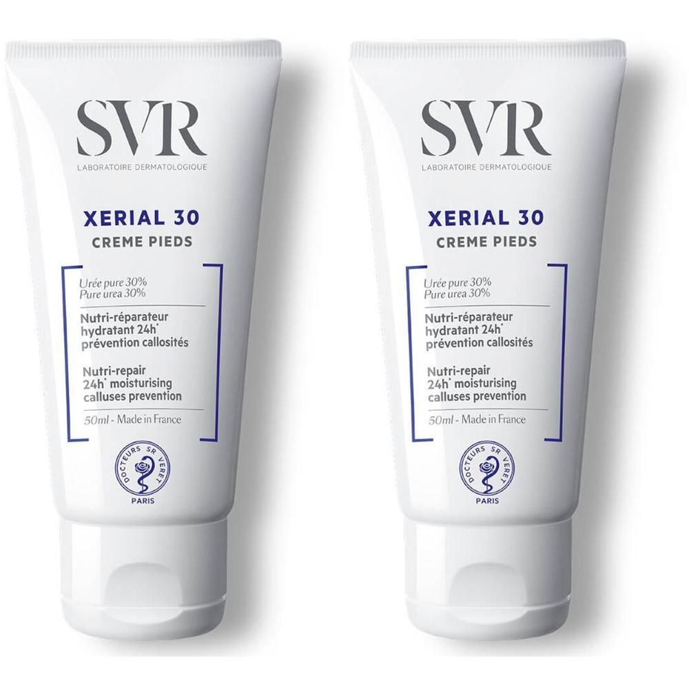Deux tubes de crème pour les pieds SVR XÉRIAL 30. Tubes blancs avec texte bleu. Inscription: XÉRIAL 30, Crème Pieds, Nutri-réparateur, 24h hydratation.