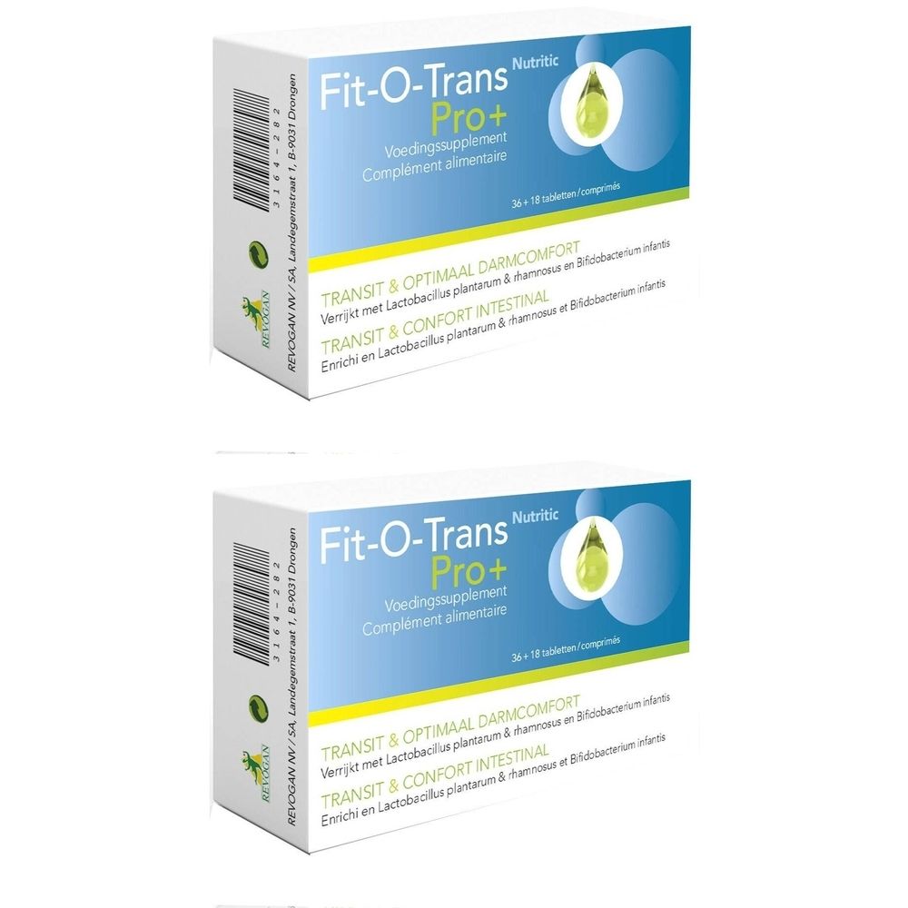 Deux boîtes blanches avec impression du produit. Inscription : Fit-O-Trans Pro+. Complément alimentaire pour le confort intestinal.