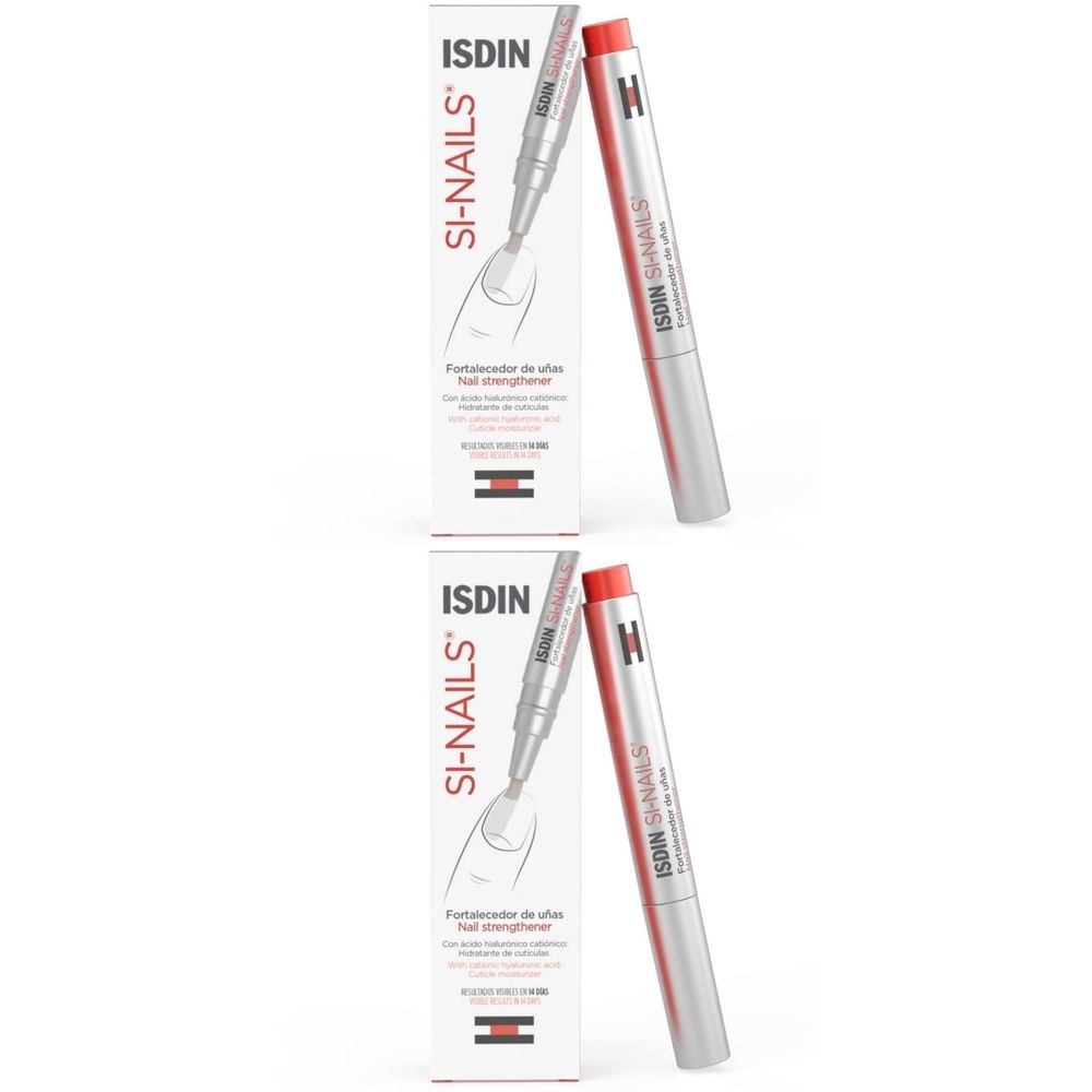 Deux stylos et emballages. Stylos argentés et rouges, avec applicateur. Emballage blanc avec nom et logo du produit.