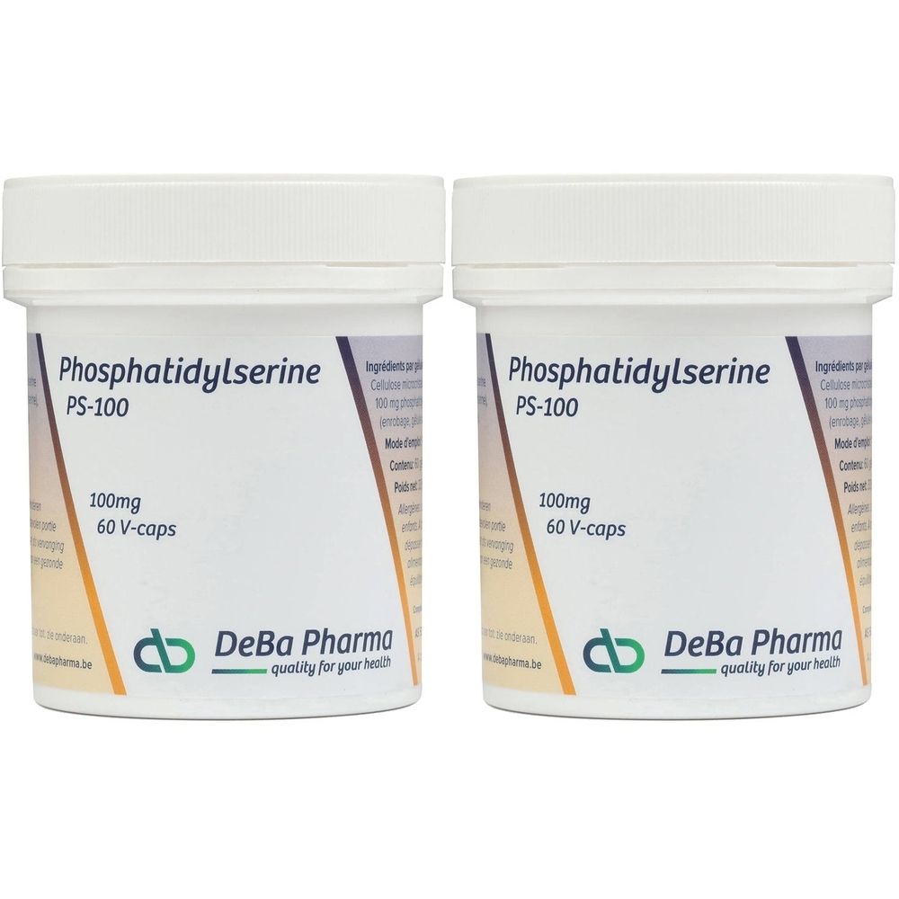 Deux pots blancs avec l'inscription Phosphatidylserine PS-100, 100mg, 60 V-caps. Logo et texte DeBa Pharma.
