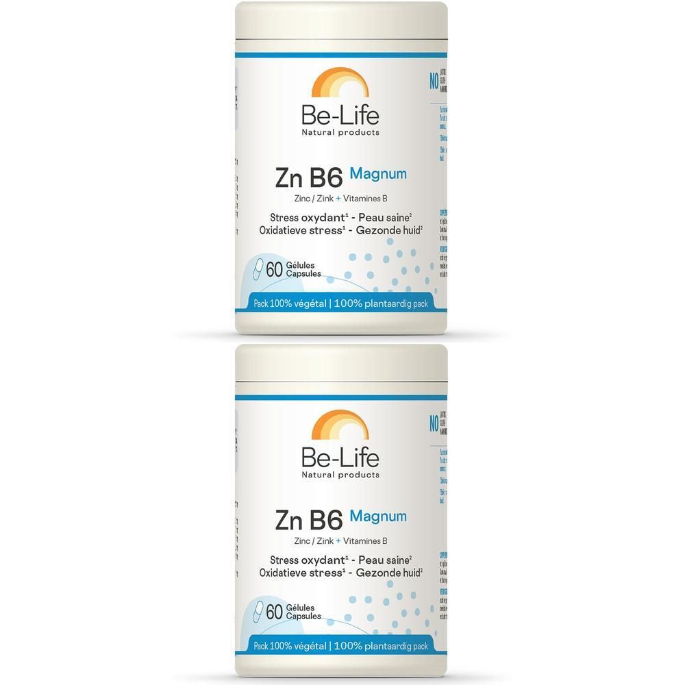 Deux boîtes blanches avec étiquettes. Inscription: Be-Life Zn B6 Magnum, 60 gélules. Logo soleil en haut.