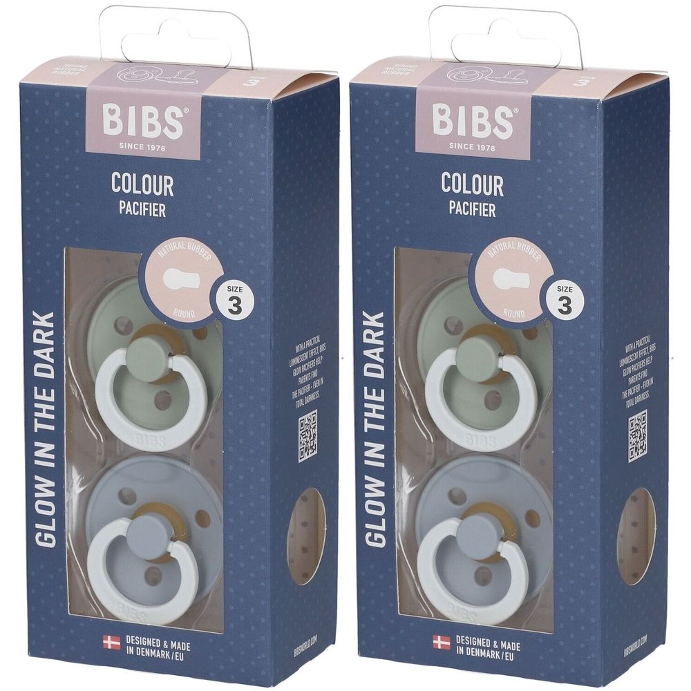 Deux boîtes de sucettes. Chaque boîte contient deux sucettes vertes et grises. Visible : logo BIBS, taille 3.