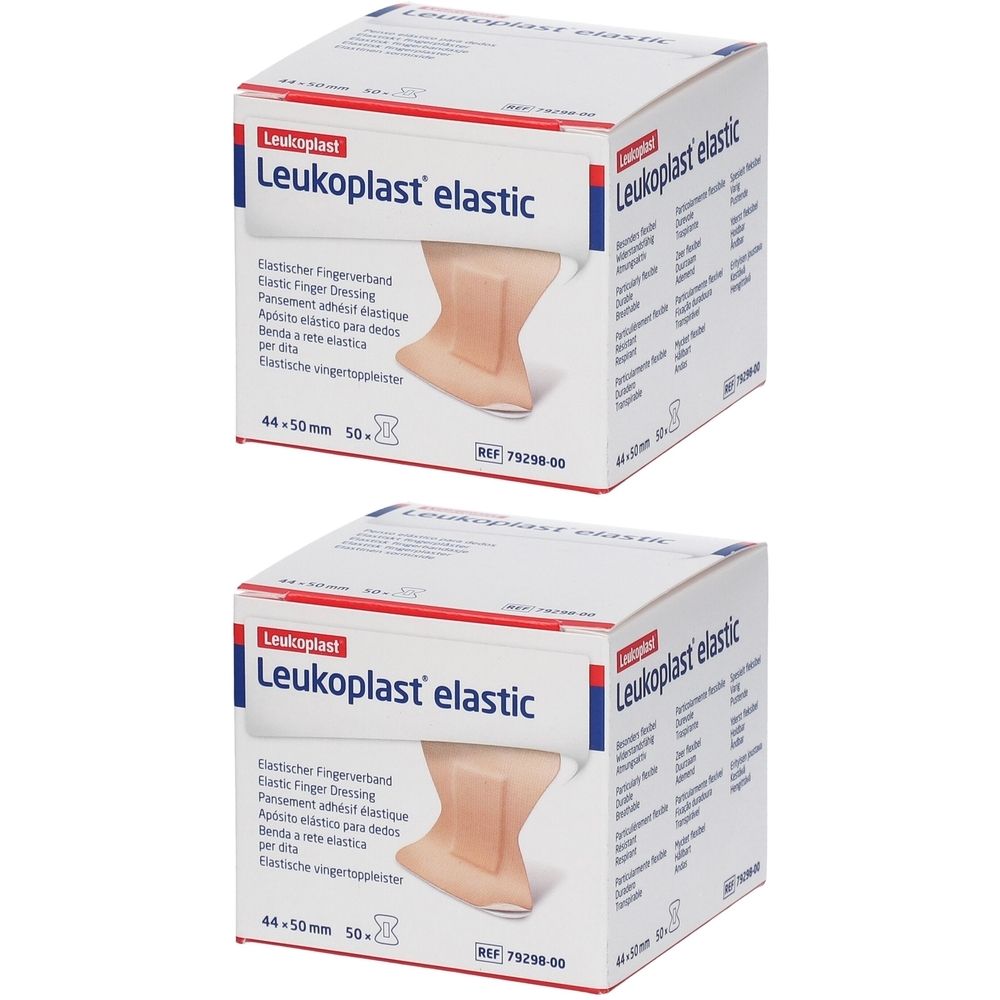 Deux boîtes de Leukoplast® elastic. Inscription : Pansement élastique pour les doigts, 44 x 50 mm. Pansements beiges.