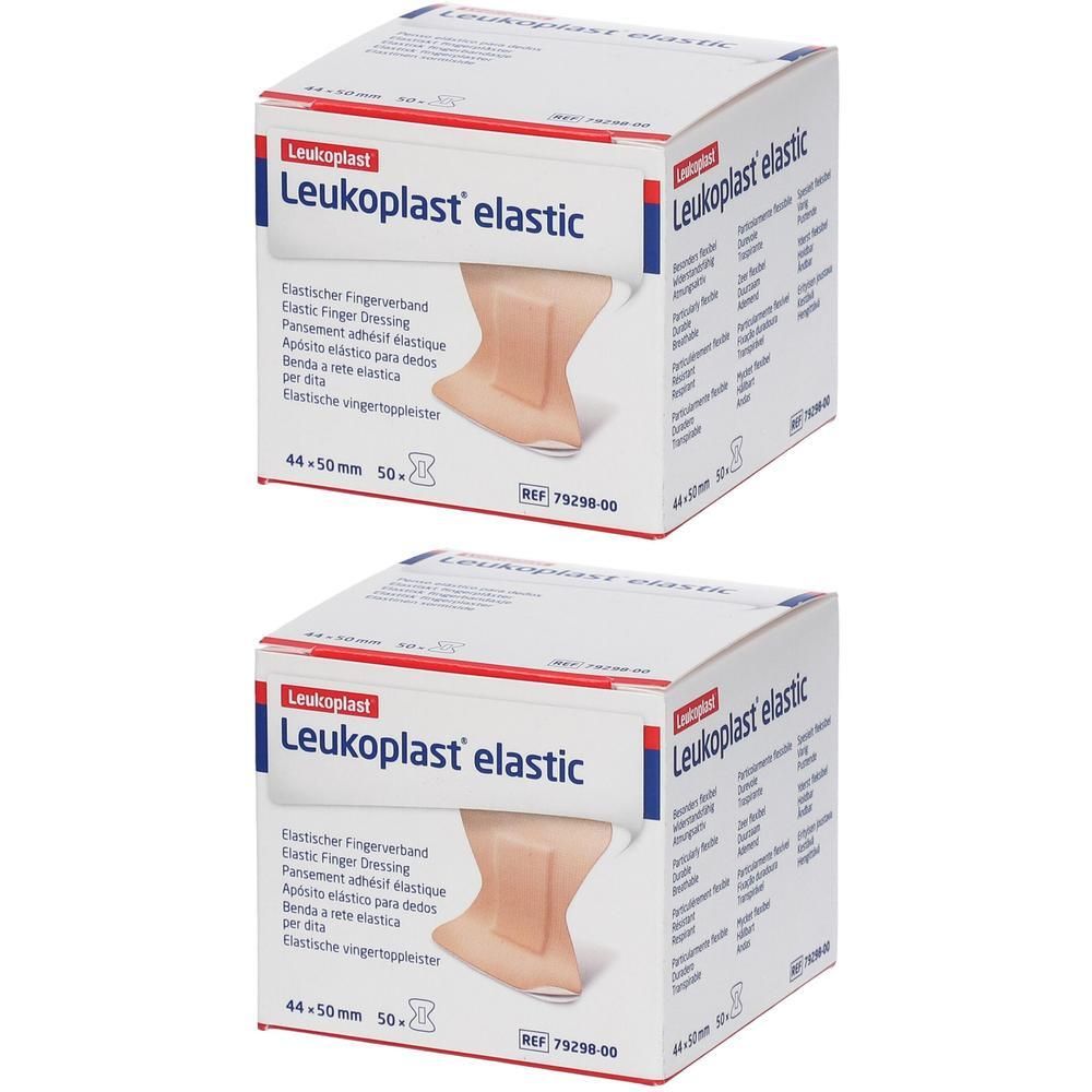 Deux boîtes de Leukoplast® elastic. Inscription : Pansement élastique pour les doigts, 44 x 50 mm. Pansements beiges.