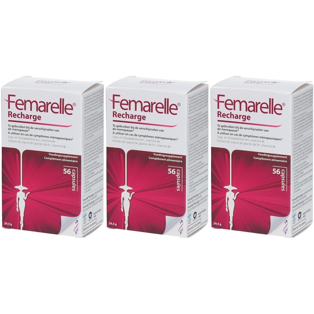 Trois boîtes de Femarelle® Recharge. Emballage blanc avec bande rouge et nom du produit. Contient 56 capsules.