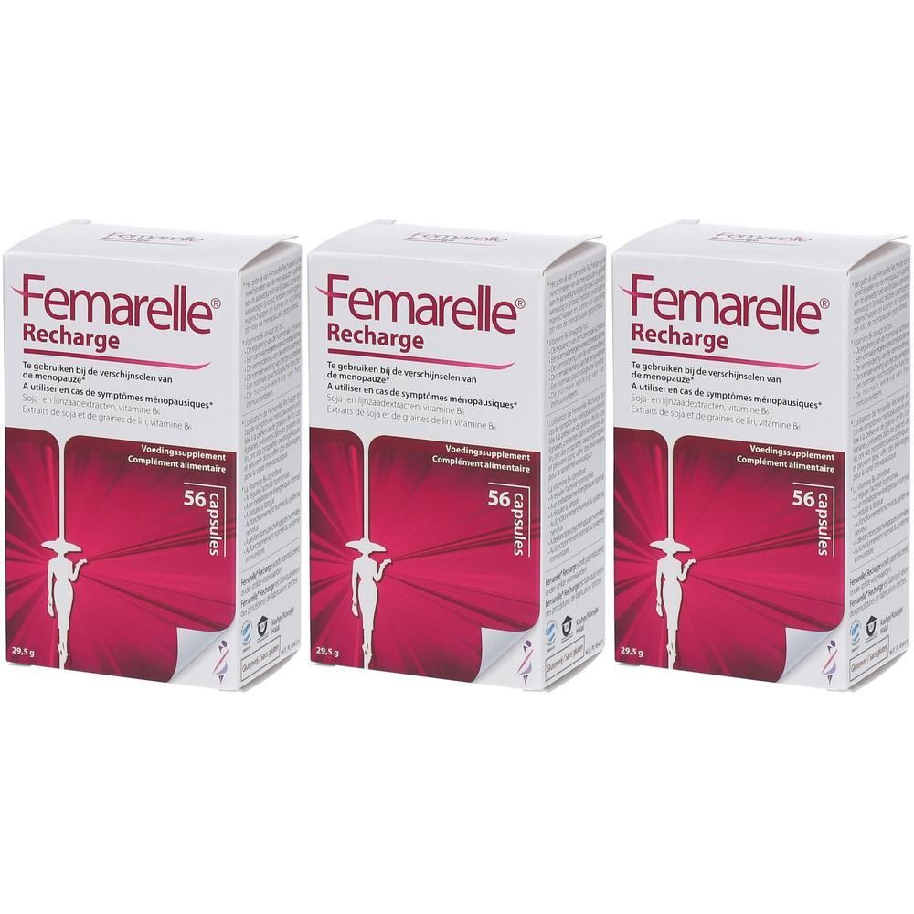 Trois boîtes de Femarelle® Recharge. Emballage blanc avec accent rouge. Inscription : nom du produit, 56 gélules.
