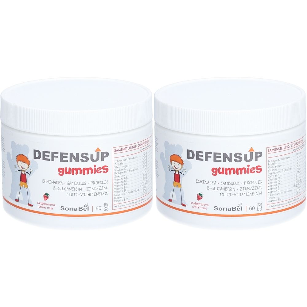 Deux pots blancs avec texte rouge et blanc. DEFENSUP gummies, SoriaBel. Ingrédients visibles.