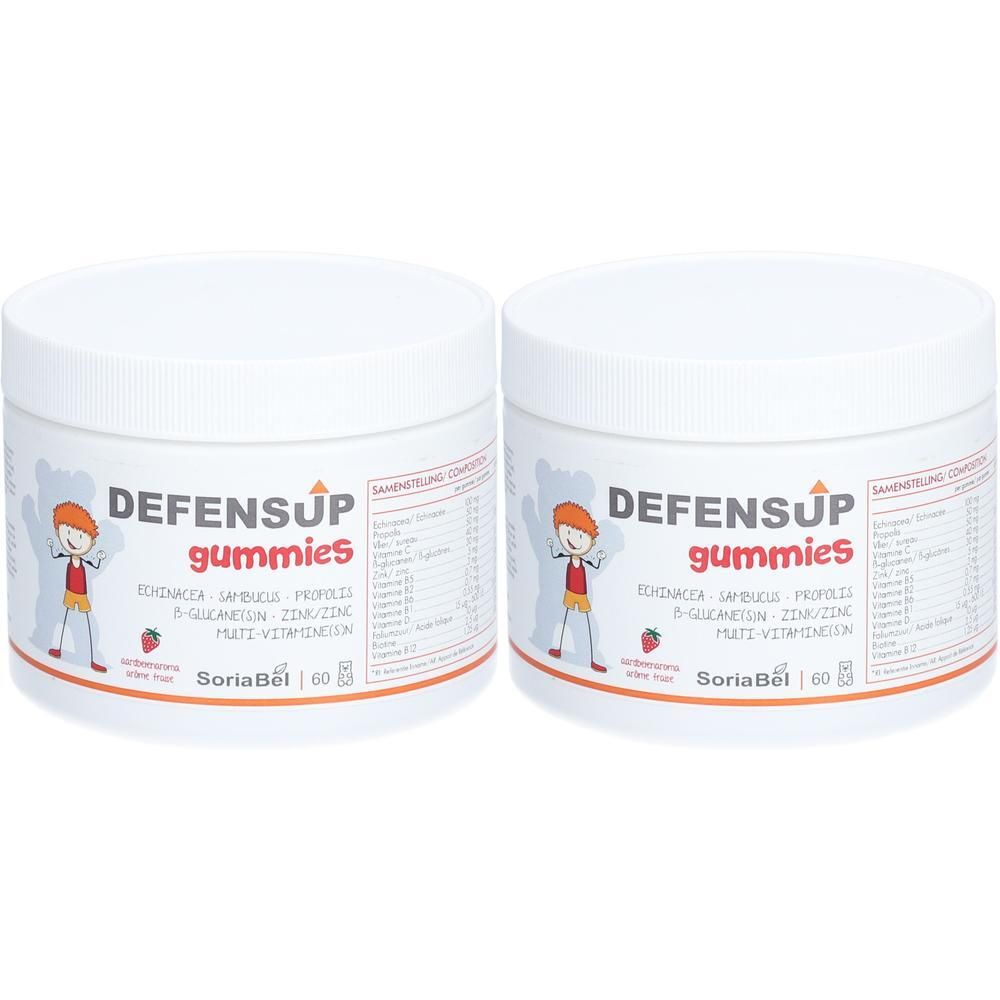 Deux pots blancs avec texte rouge et blanc. DEFENSUP gummies, SoriaBel. Ingrédients visibles.