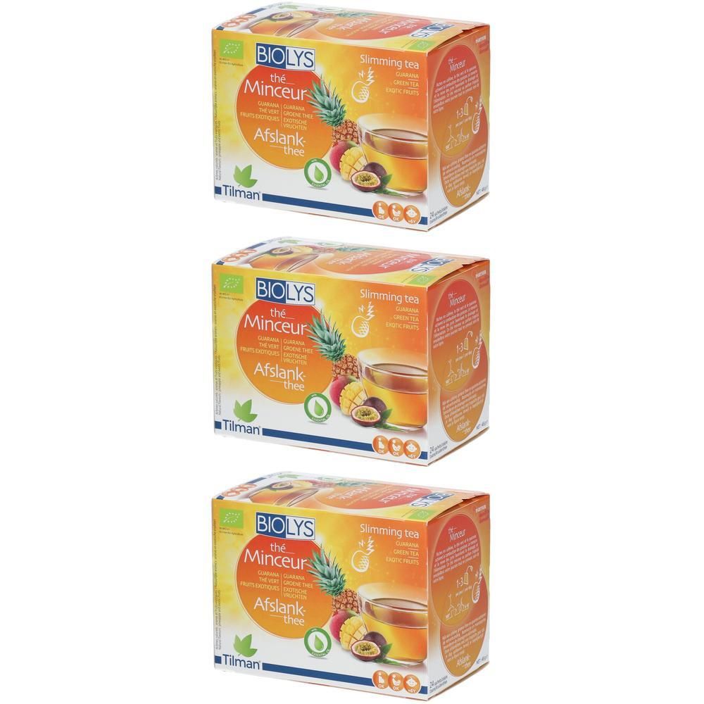 Trois boîtes de Biolys Thé Minceur, avec illustrations d'ananas et fruit de la passion. Inscription : Afslank thee.